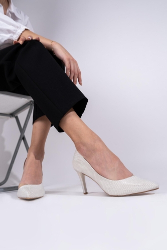 Beyaz Simli Şeffaf Stiletto Topuklu Kadın Ayakkabı - Lotus - Modabuymus