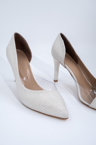 Beyaz Simli Şeffaf Stiletto Topuklu Kadın Ayakkabı - Lotus - 4