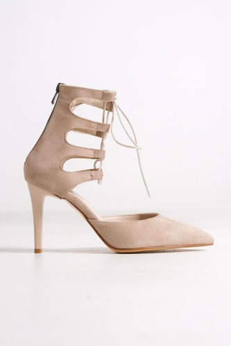 Quattro Bilekten Bağcıklı Vizon Süet Stiletto Topuklu Kadın Ayakkabı - 2