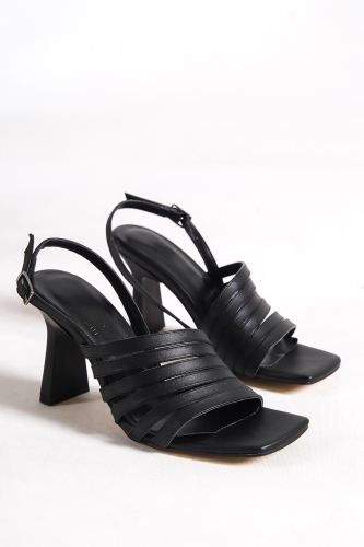 Butterfly Siyah Çok Bantlı Topuklu Sandalet Ayakkabı - 4