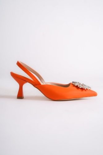 Elizabeth Turuncu Taşlı Arkası Açık Stiletto Kısa Topuklu Abiye Ayakkabı - Modabuymus (1)