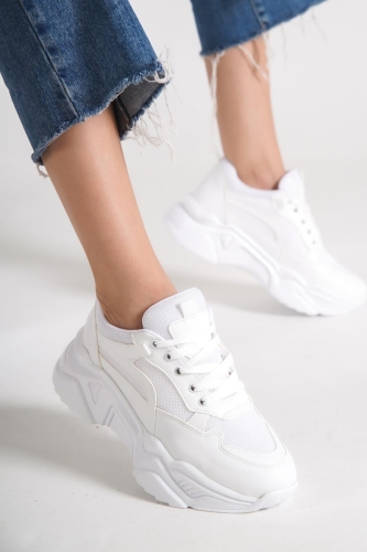 Fashi Beyaz Sneaker Fileli Kalın Taban Spor Ayakkabı - Modabuymus
