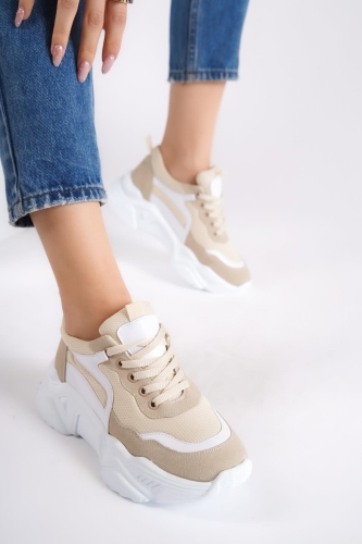 Fashi Krem Rengi Sneaker Kalın Tabanlı Spor Ayakkabı - Modabuymus