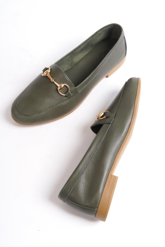 Hakiki Deri Tokalı Ayakkabı Yeşil Günlük Babet - Bader - Modabuymus