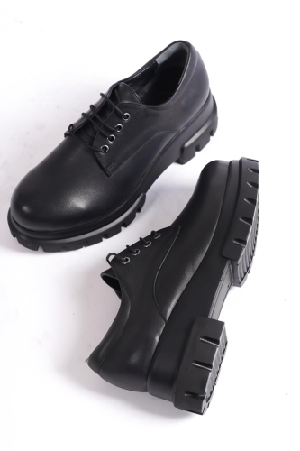 Horgen Siyah Hakiki Deri Kalın Tabanlı Oxford Ayakkabı - Modabuymus