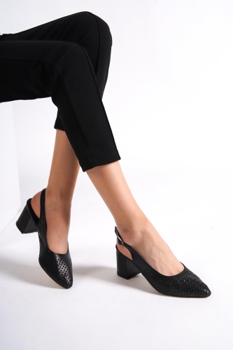 Mariana Hakiki Deri Siyah Stiletto Kalın Topuklu Ayakkabı - Modabuymus