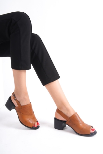 Miya Taba Hakiki Deri Kalın Topuklu Sandalet Yazlık Ayakkabı - 2