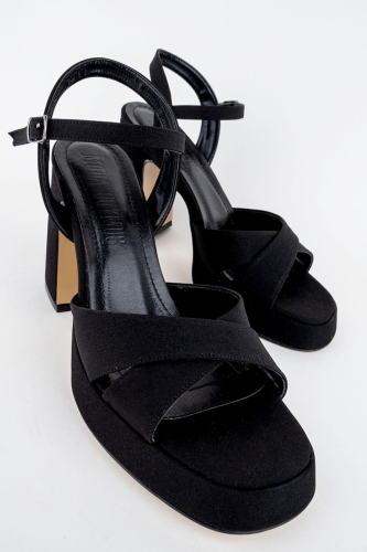 Sahra Siyah Saten Çapraz Bantlı Kalın Platform Topuklu Ayakkabı - 4