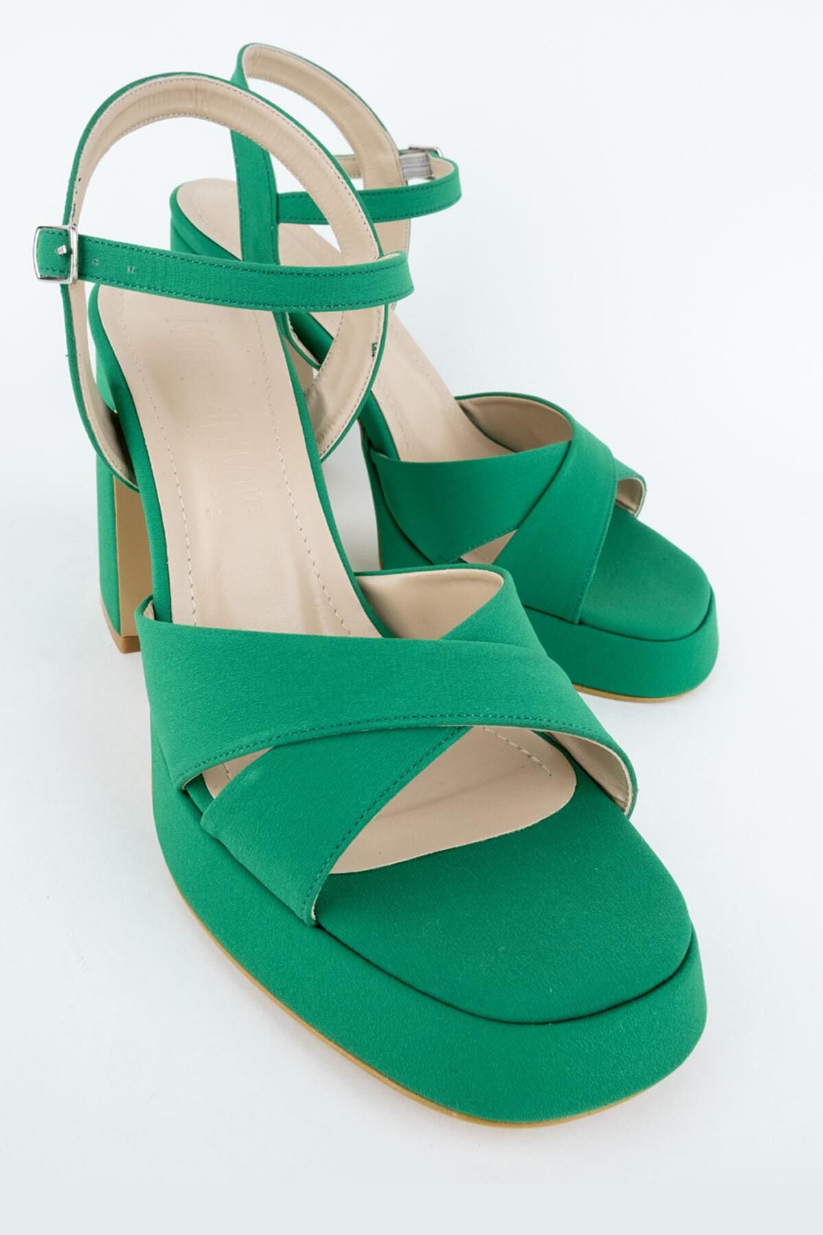 Sahra Yeşil Saten Çapraz Bantlı Kalın Platform Topuklu Ayakkabı - 4