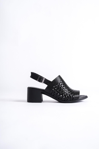 Sardes Siyah Hakiki Deri Kalın Topuklu Delikli Sandalet - 2