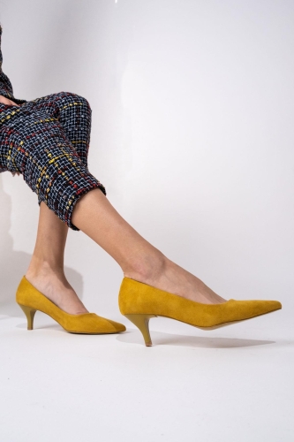 Kadın Hardal Sarısı Süet Stiletto Topuklu Ayakkabı - Candy 