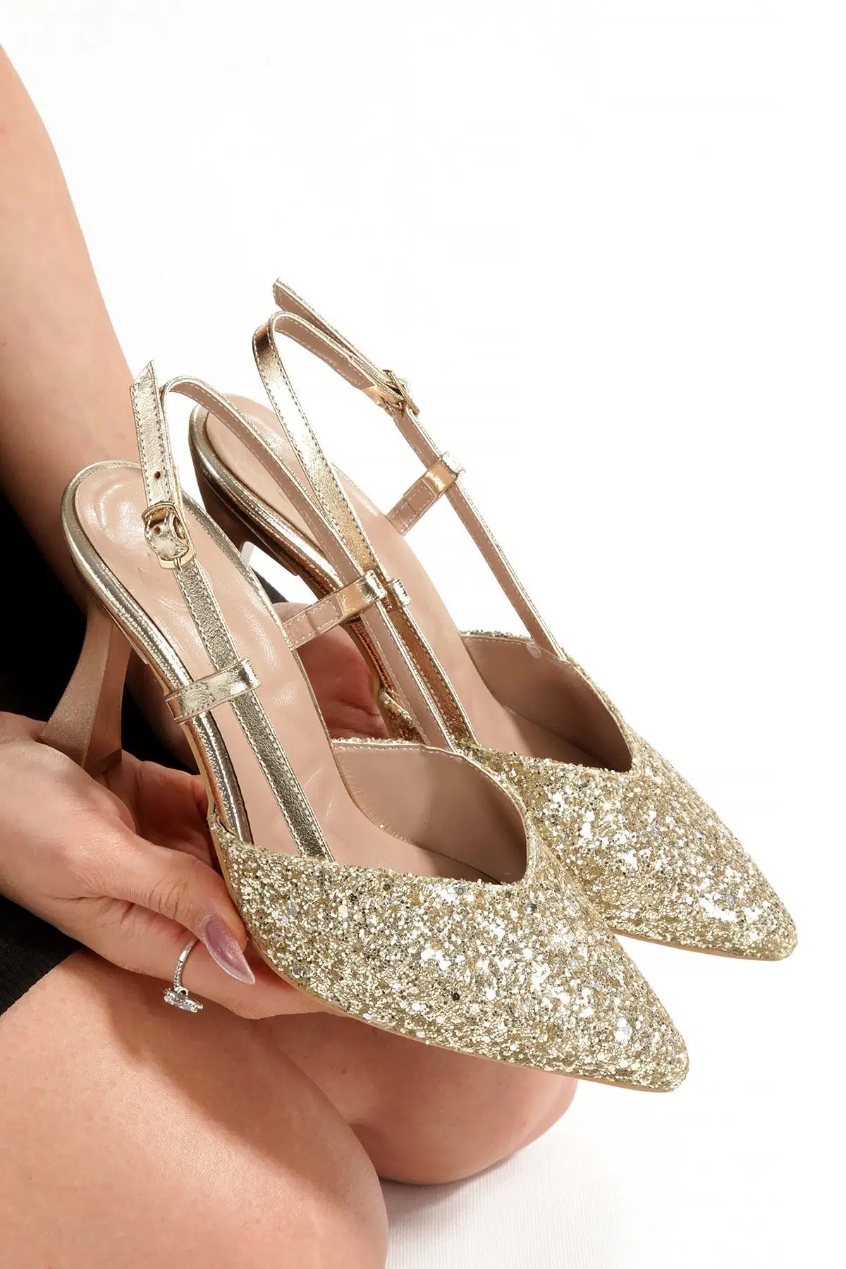 Altın Gold Dore Cam Kırığı Abiye Ayakkabı Sivri Burun Kadeh Topuklu Arkası Açık Stiletto Paris