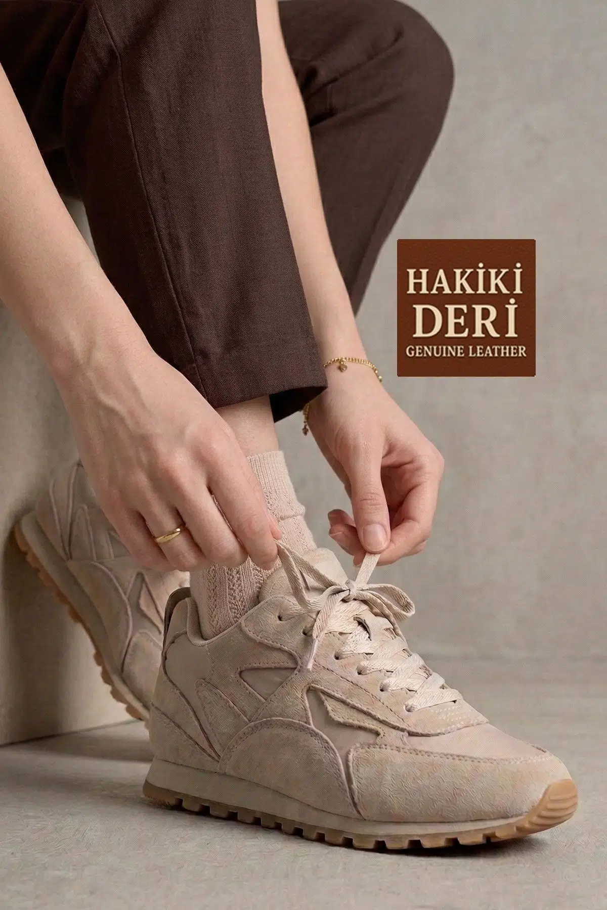 Bej Hakiki Süet Deri Sneaker Casual Kadın Spor Ayakkabı Tukatela
