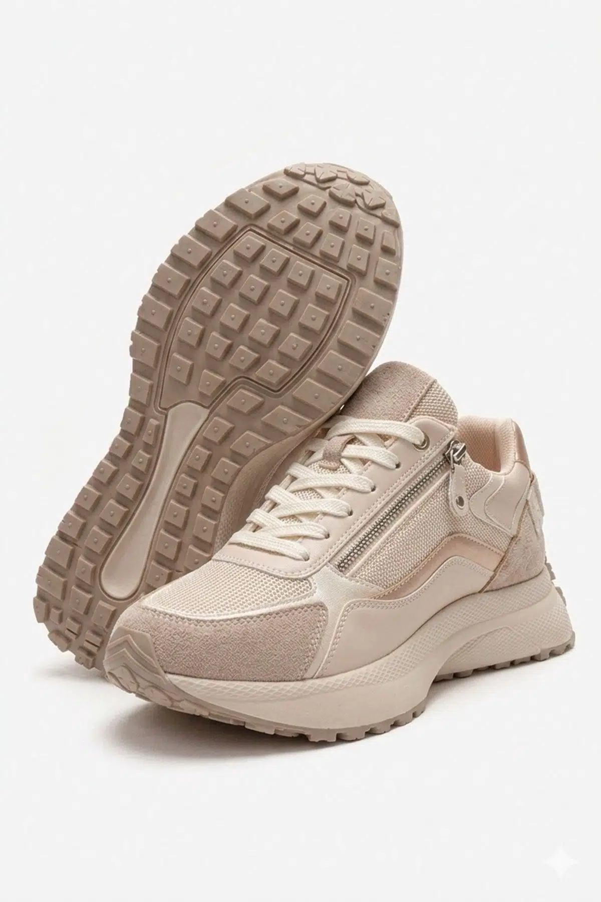Bej Krem Renk Kalın Kaymaz Taban Sneaker Fermuarlı Günlük Kadın Spor Ayakkabı Nodow