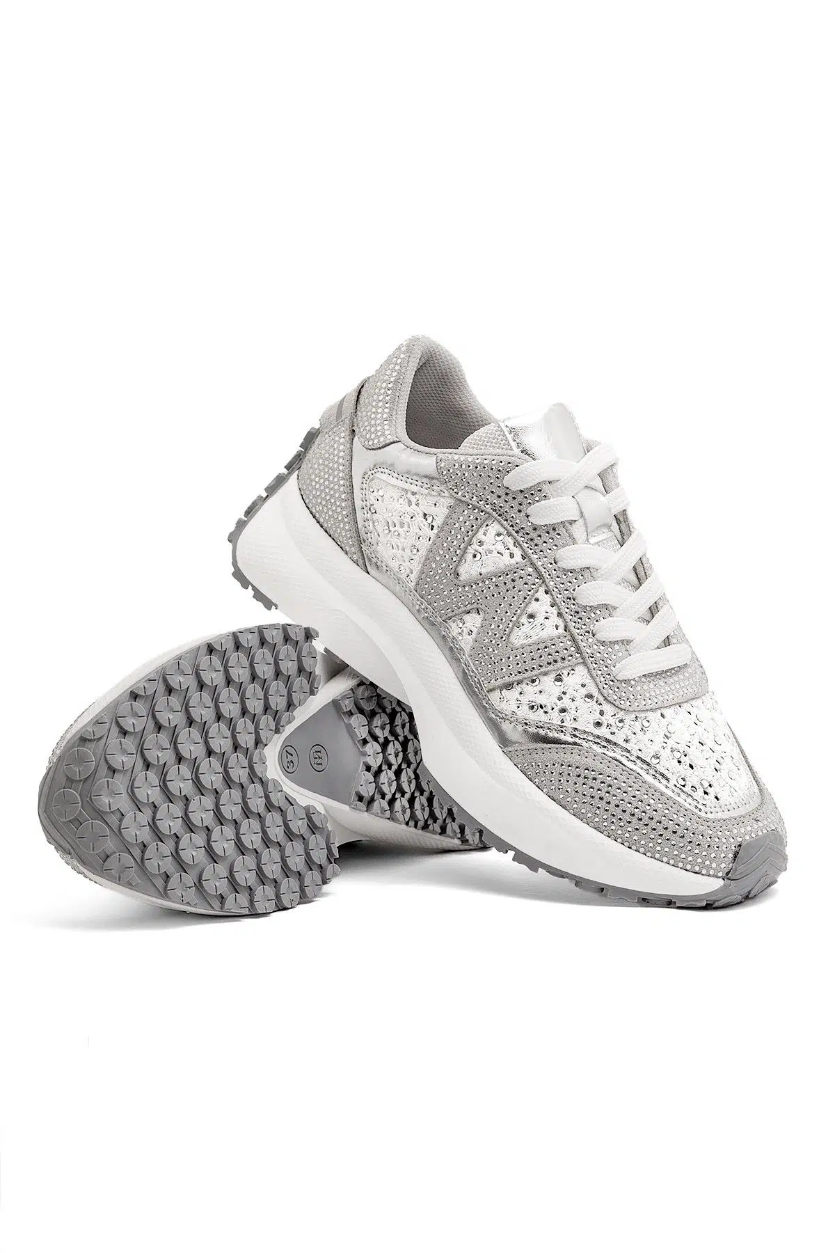 Beyaz Gri Renk Taşlı Rahat Sneaker Günlük Spor Ayakkabı Todow