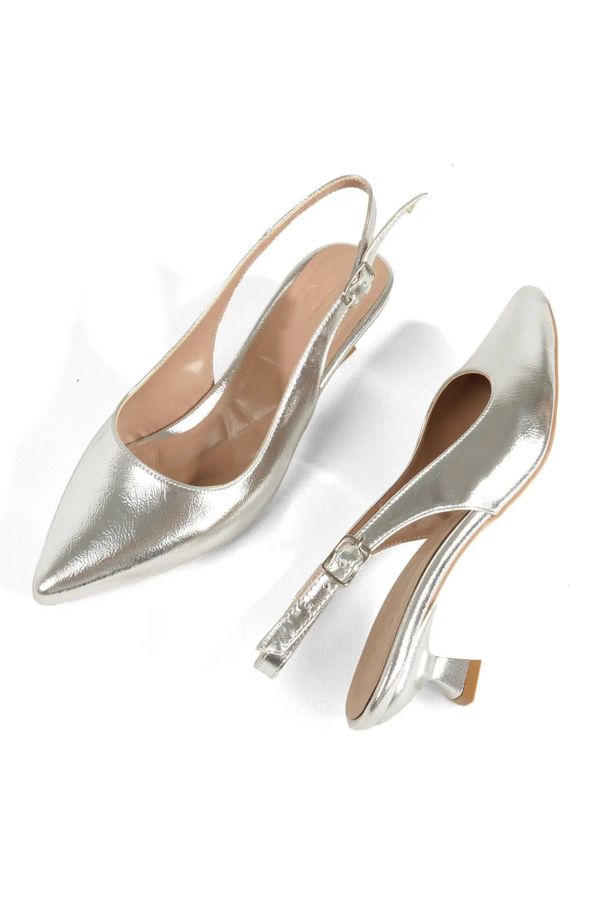 Gümüş Lame Çok Kısa Topuklu Stiletto Sivri Burun Kitten Abiye Ayakkabı Minikas