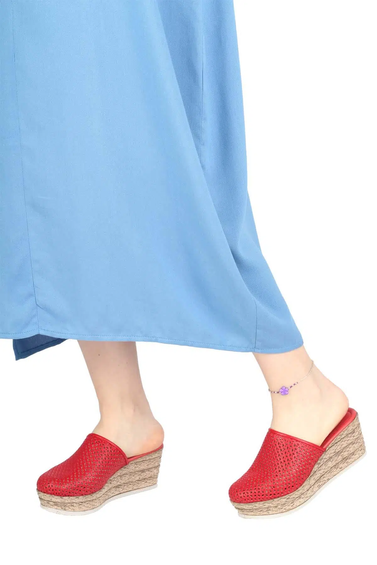 Hakiki Deri Kırmızı Delikli Dolgu Topuklu Terlik - AlpDer