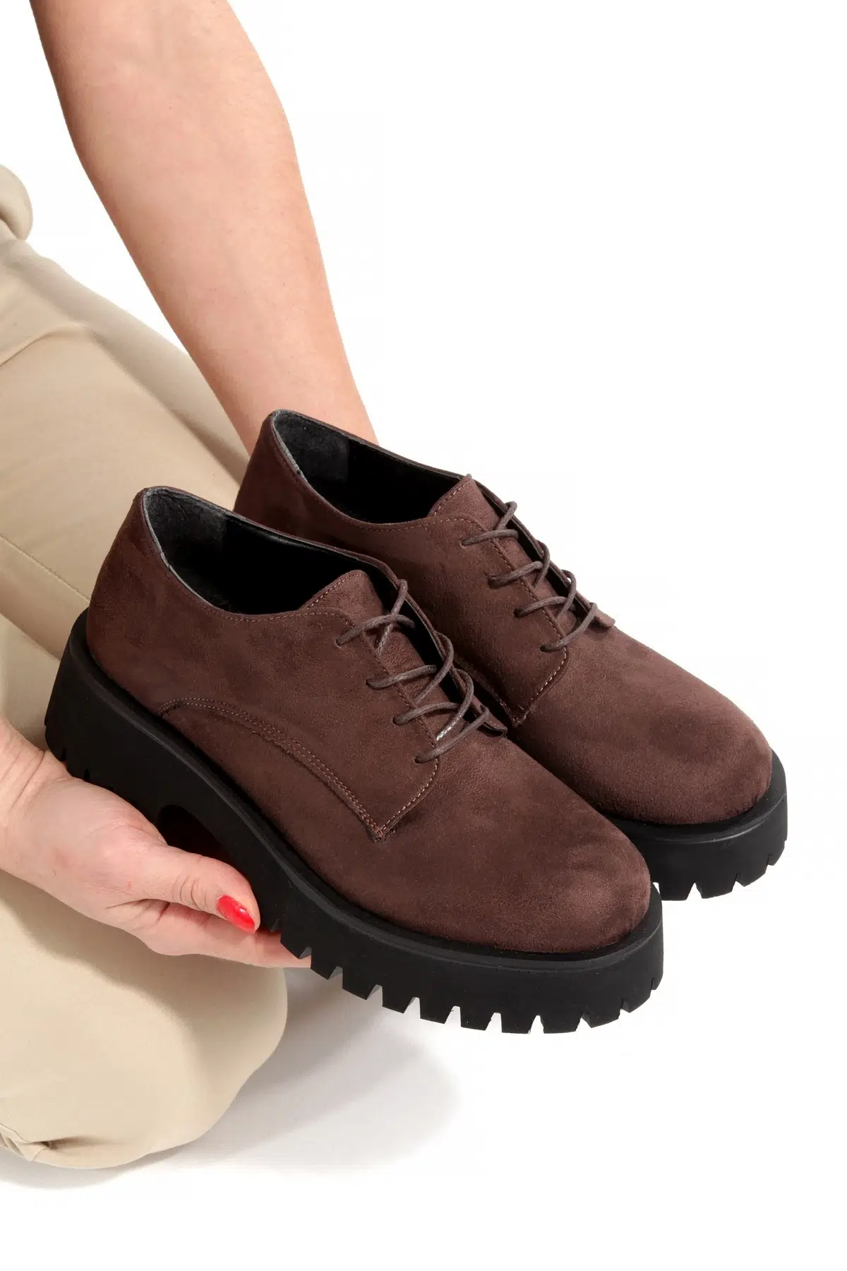 Koyu Kahve Rengi Süet Bağcıklı Ultra Hafif Oxford Kadın Ayakkabı Loetse