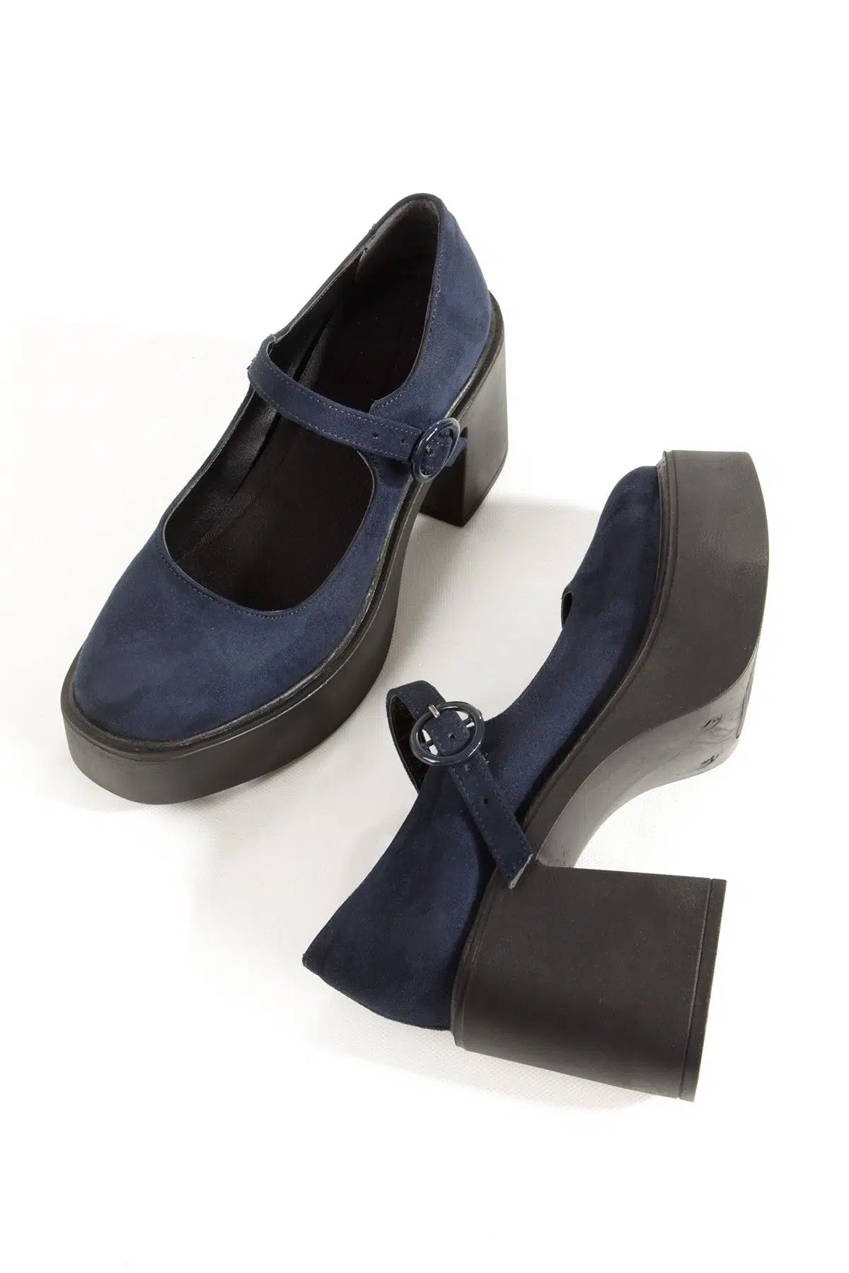 Lacivert Süet Mary Jane Ayakkabı Kalın Platform Topuklu Sandalet BİZA