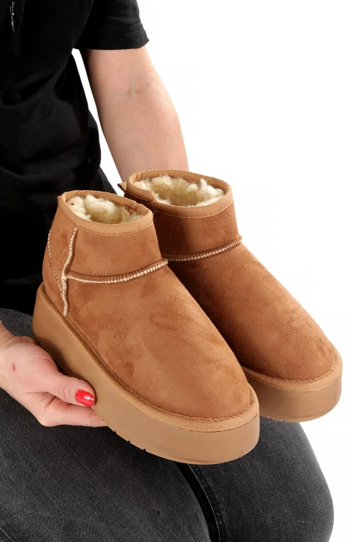 Taba Süet Kalın Taban İçi Yünlü Kürklü Kadın Bot FON44