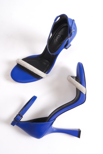 Yuffy Sax Mavi Tek Bant Taşlı Platform Kadeh Topuklu Abiye Ayakkabı - Modabuymus